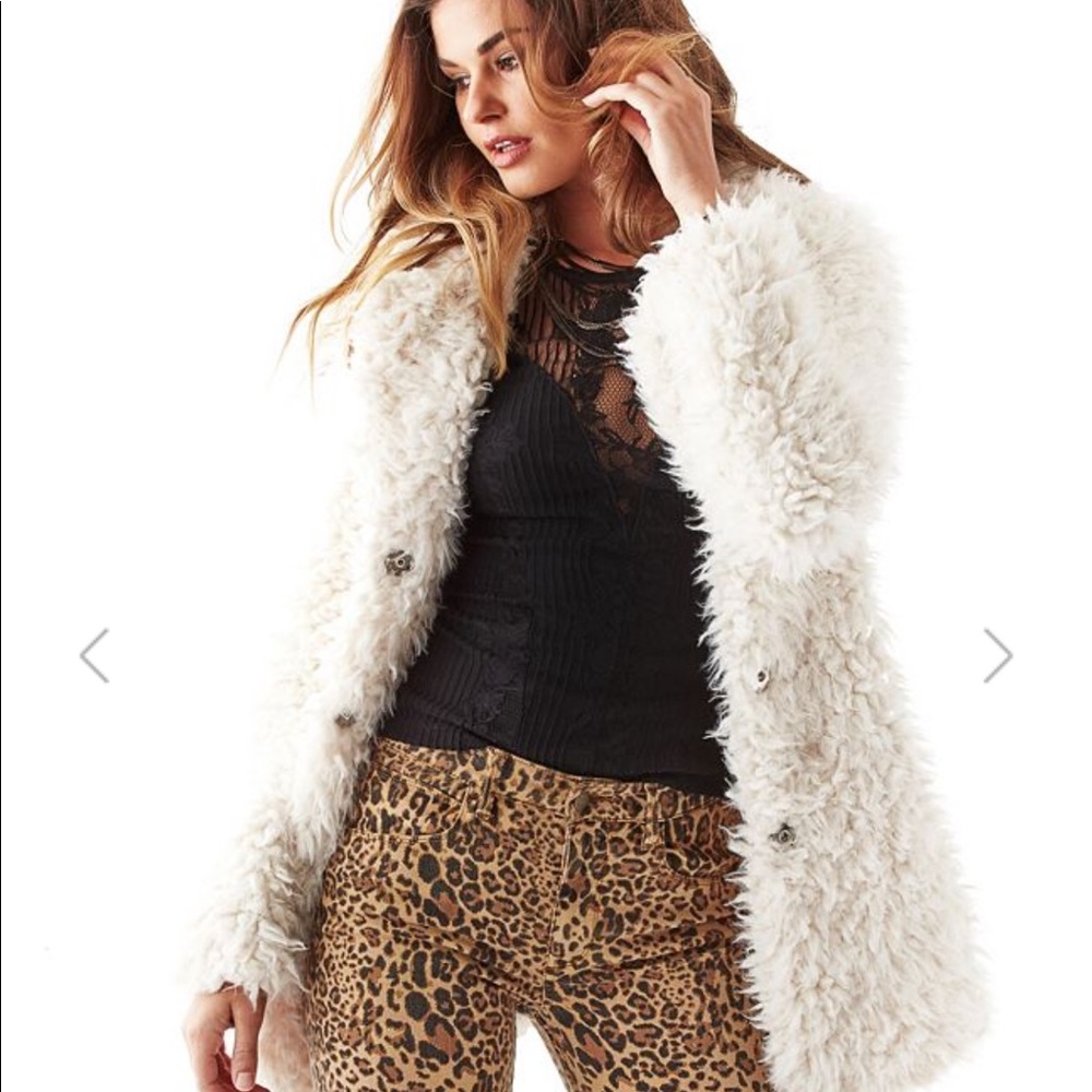 Guess Long sleeve Shag Faux-Fur Coat - Ivory - Picture 4 of 6